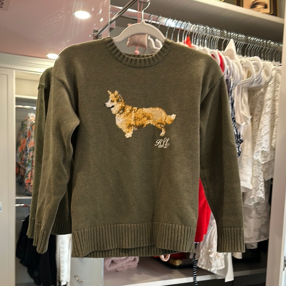 Olive Green Sweater with Corgi Design